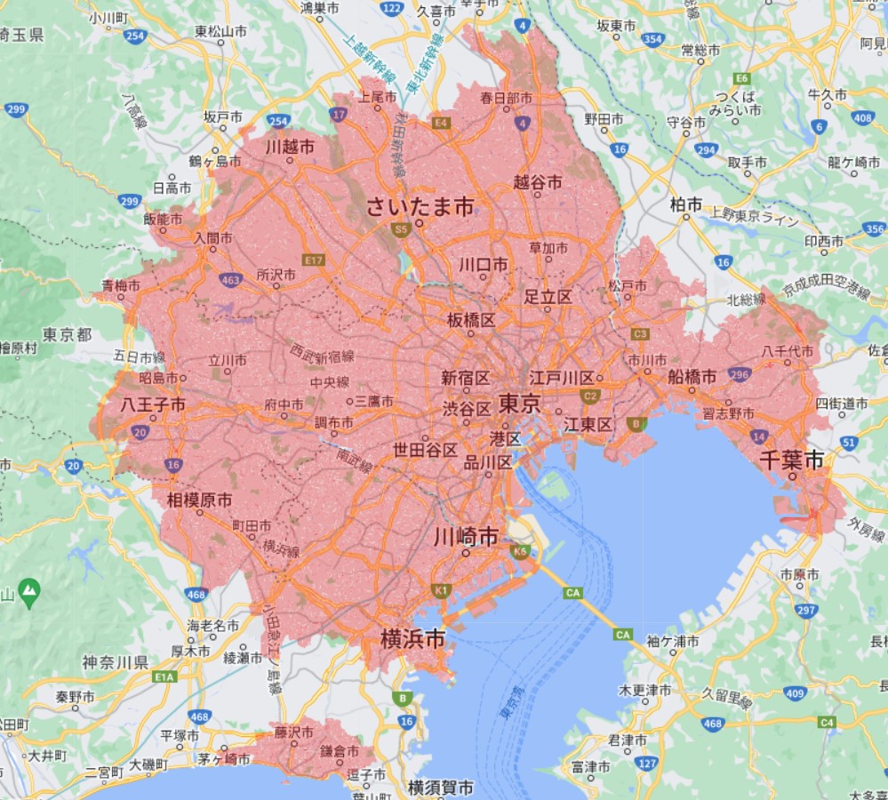 自社配送網で配送可能なエリアマップ（東京都、埼玉県、千葉県、神奈川県）