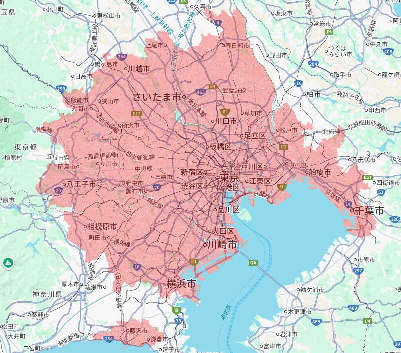自社配送網で配送可能なエリアマップ(東京都、埼玉県、千葉県、神奈川県)